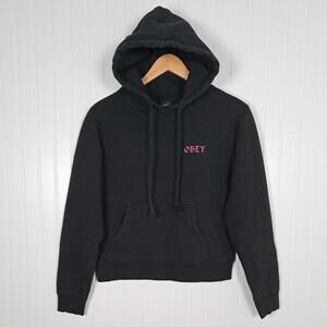 OBEY Propaganda Cropped Hoodie Womens Small S Black Pullover Sweatshirt Skater